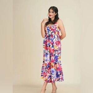 London Times Floral Print Colorful Tiered Smocked Waist Maxi Dress